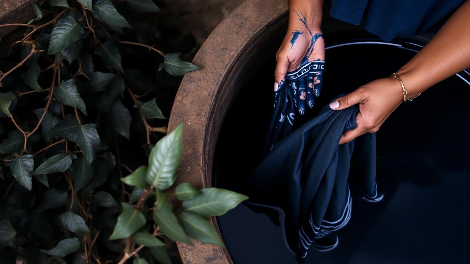 Feuillage de gara, cuve de teinture et mains bleuies par l'indigo