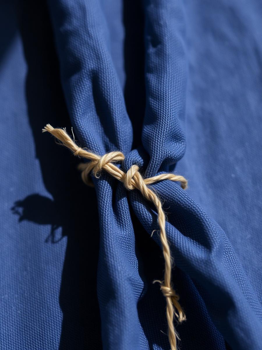 Détail de nouage sur cotonnade indigo